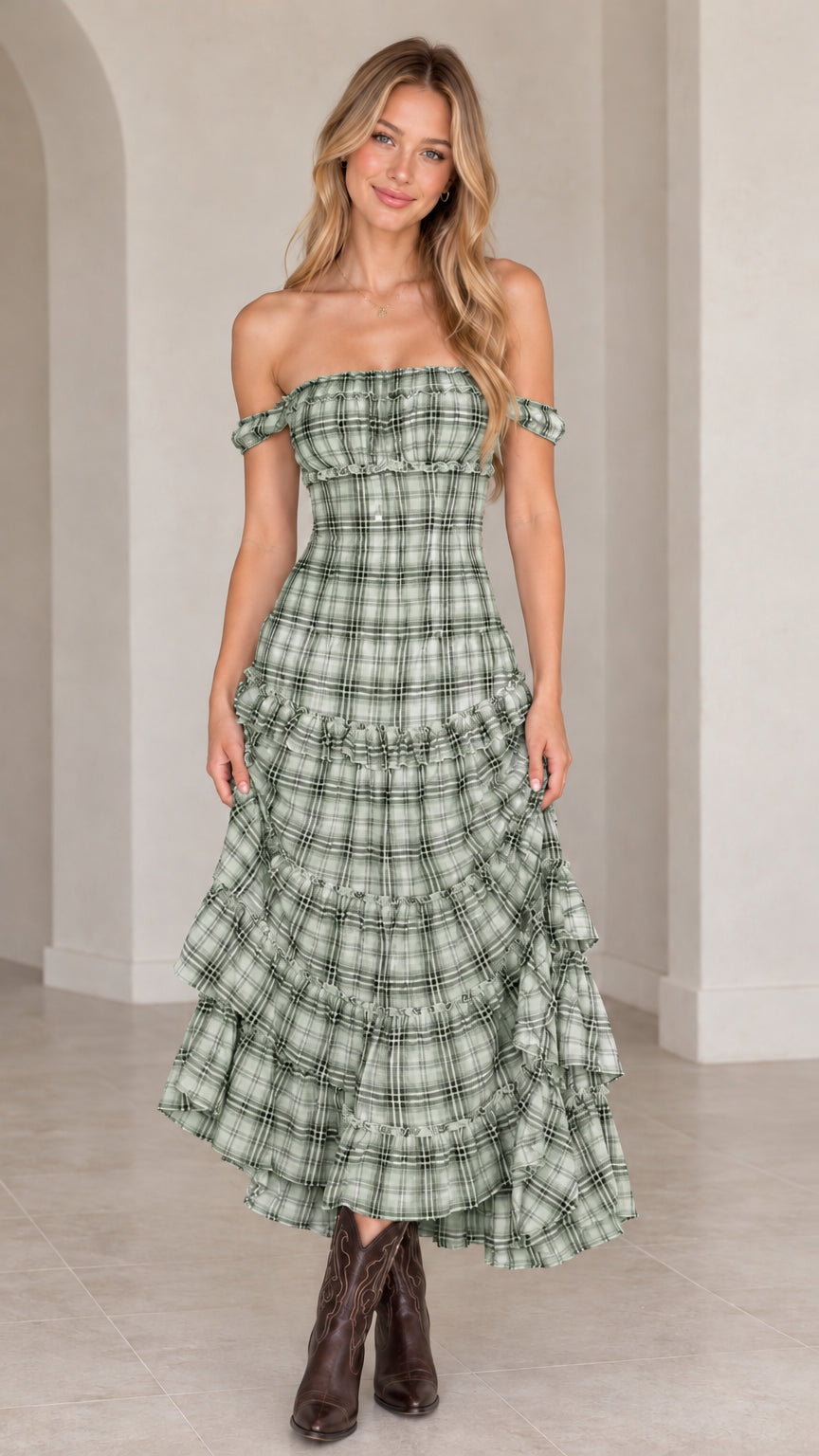 Model wearing sage green plaid off-the-shoulder tiered maxi dress