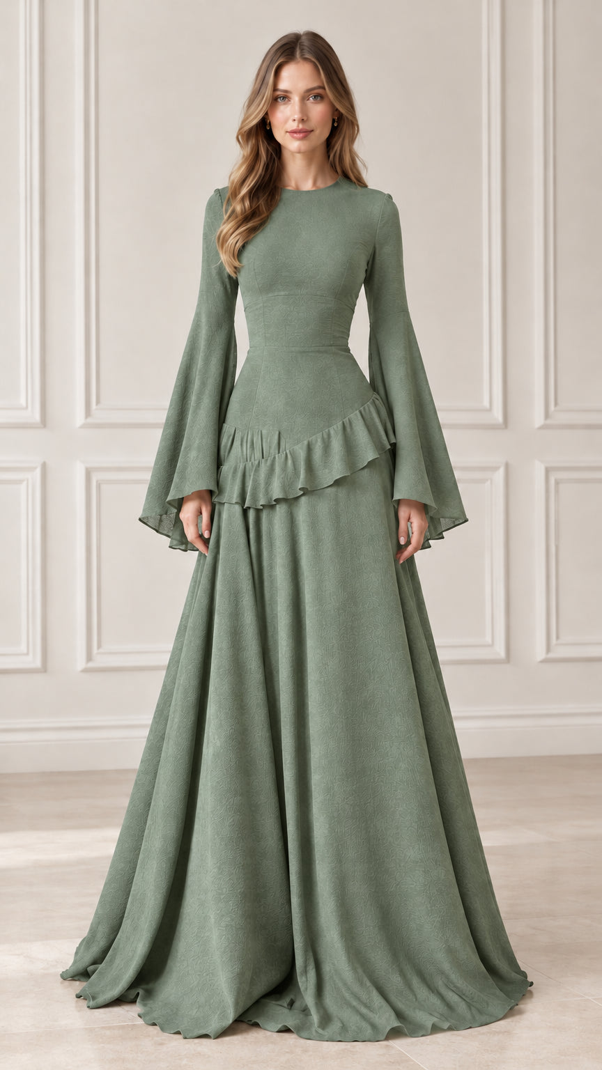 Front full-length view of sage green flare sleeve tiered ruffle maxi dress