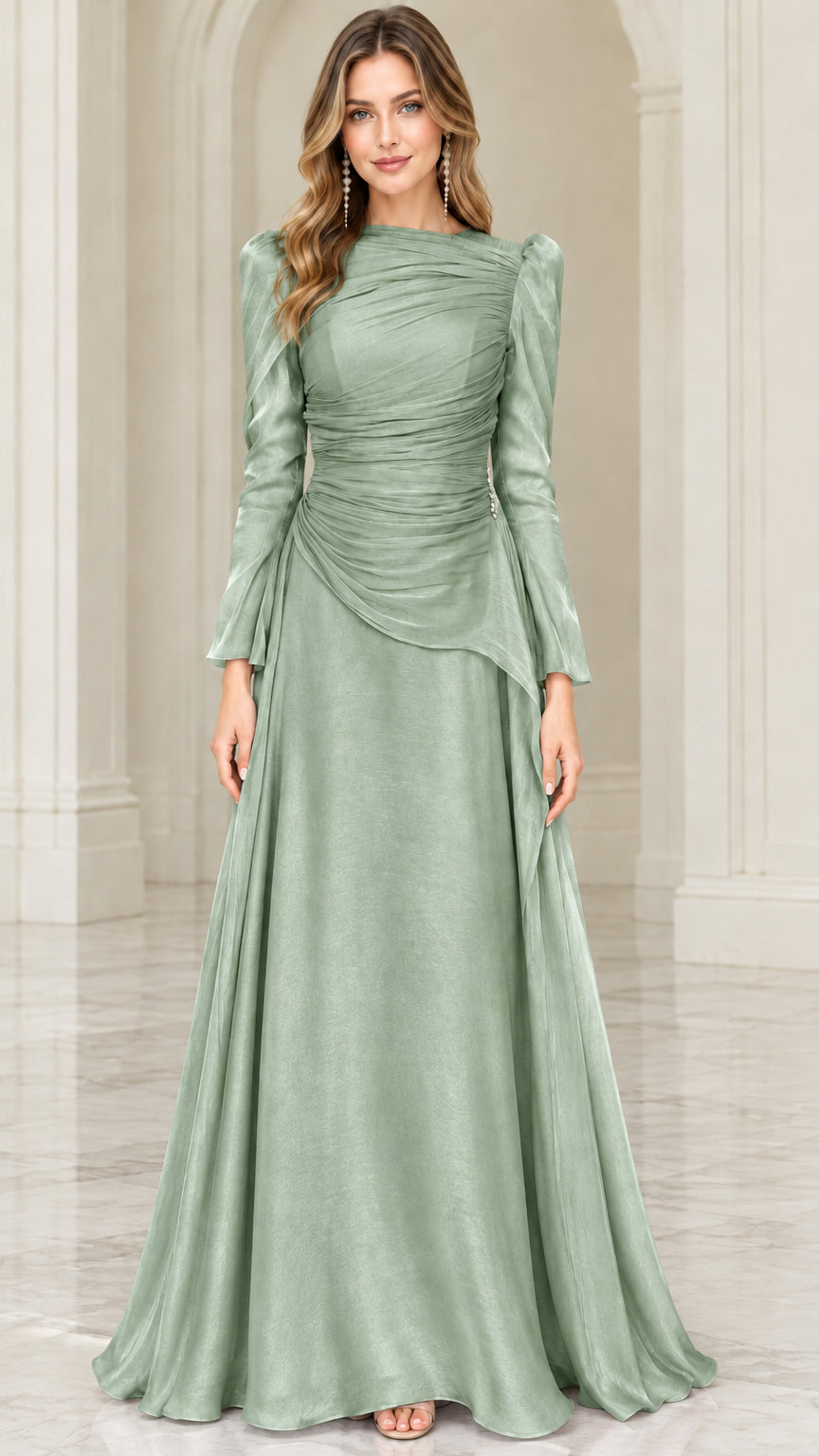 Front view of sage green long sleeve ruched evening gown