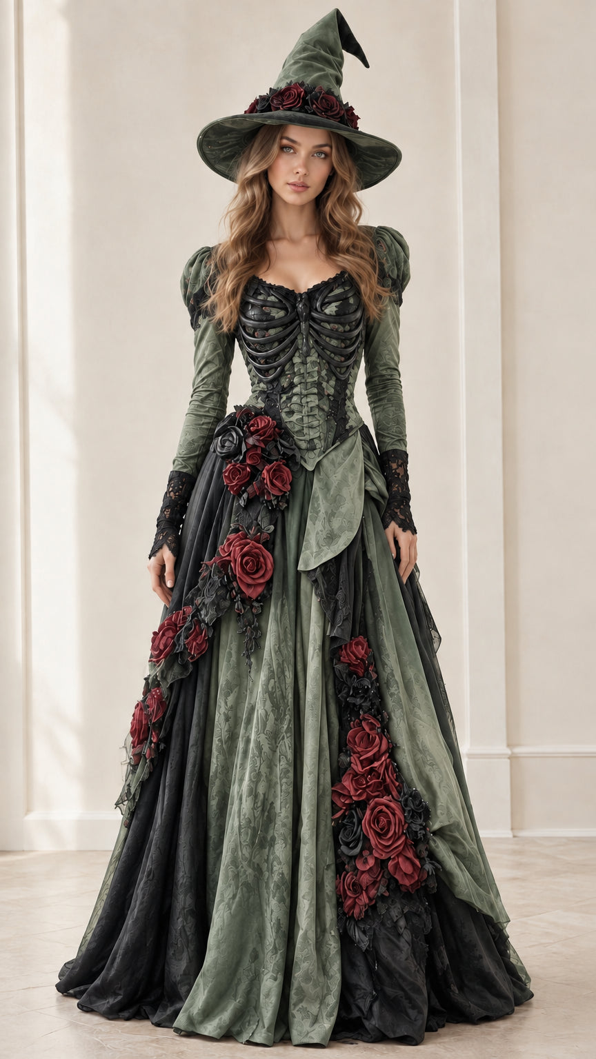 Forest green and black gothic skeleton witch gown with matching floral witch hat