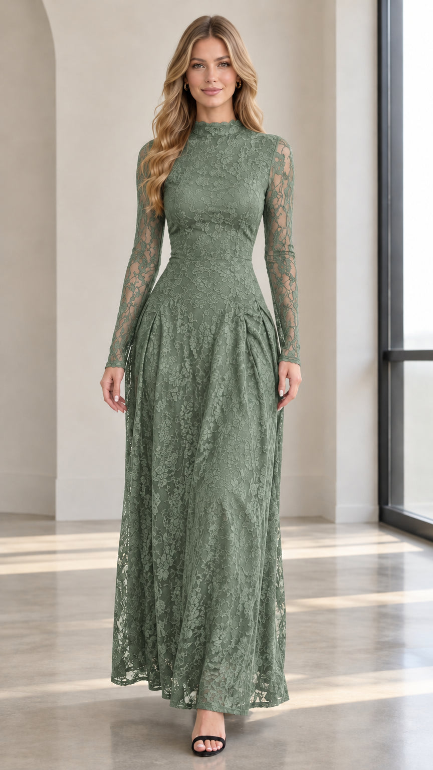 Front full view of sage green mock neck floral lace evening gown