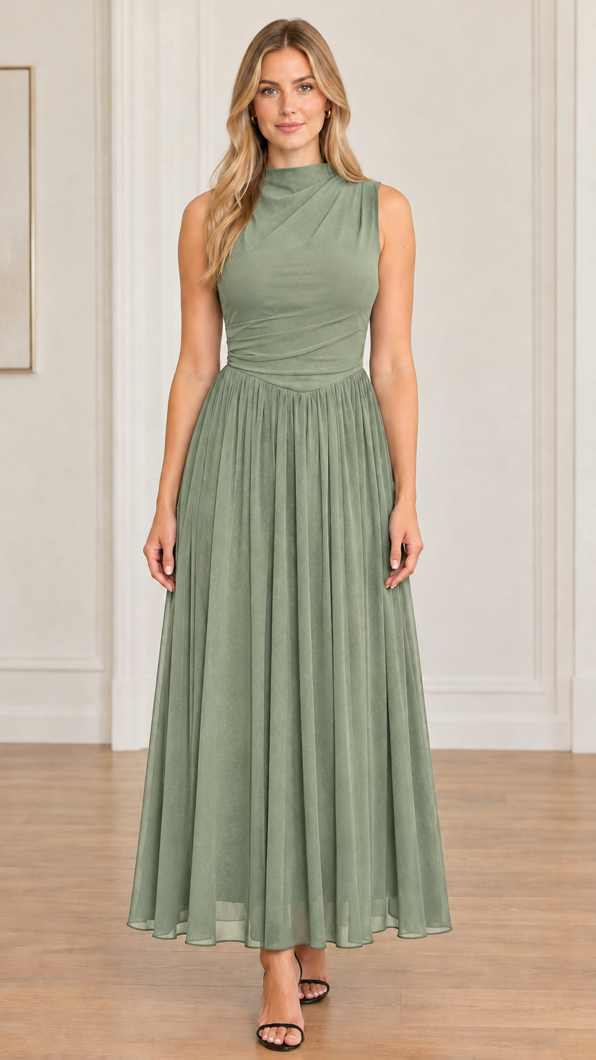 Full front view of model wearing sage green sleeveless mock neck pleated maxi dress