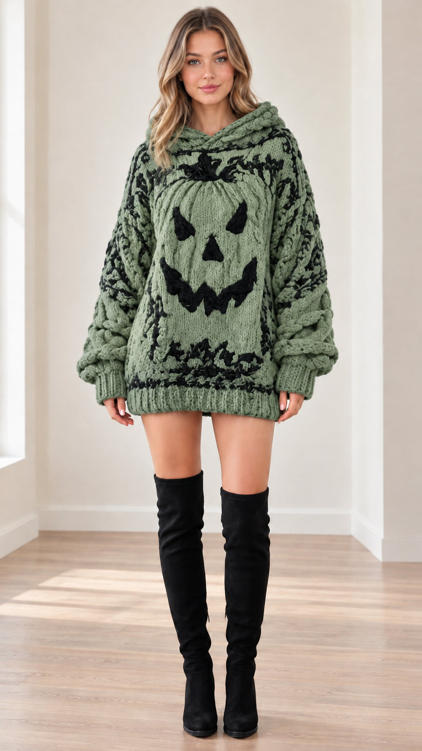 Sage green oversized chunky knit hooded pumpkin sweater dress