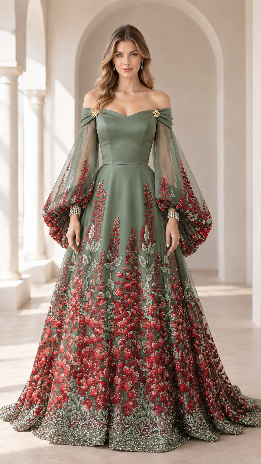 Full-length view of sage green off-shoulder ball gown with red and green floral embroidery