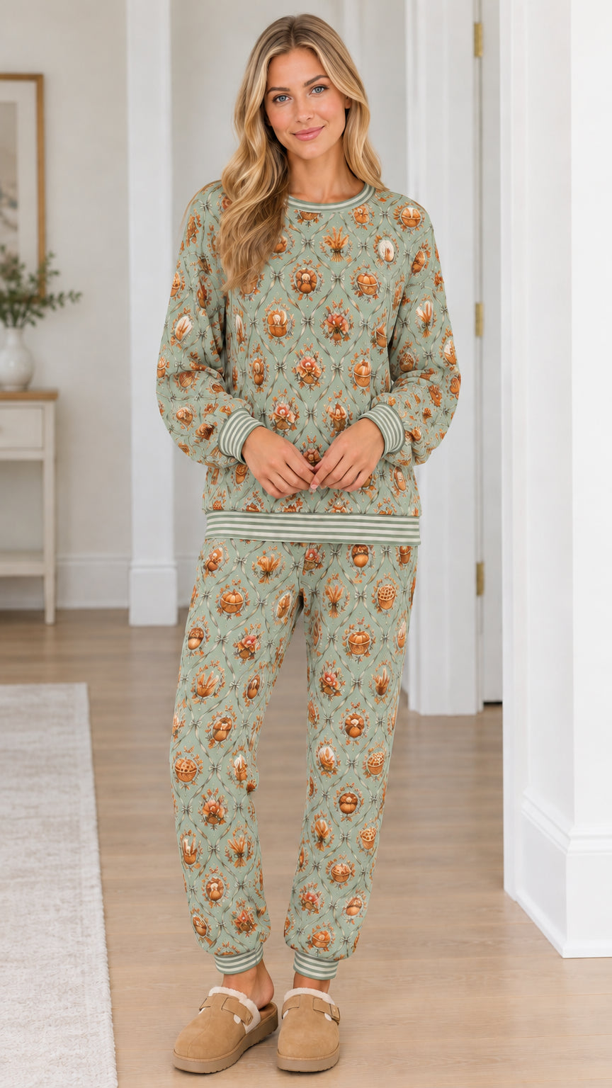 Model wearing sage green colorway of the autumn harvest lounge set
