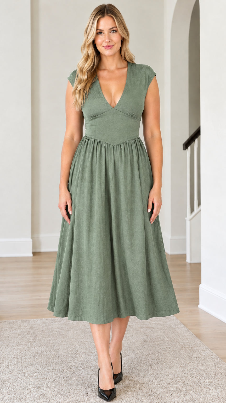 Front view of model wearing Sage Green deep V-neck A-line midi dress