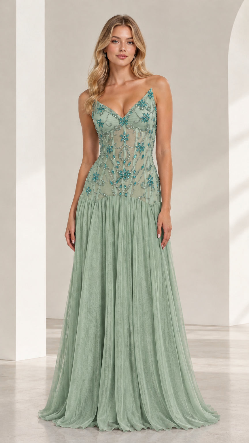 Sage green floral embellished tulle formal evening gown
