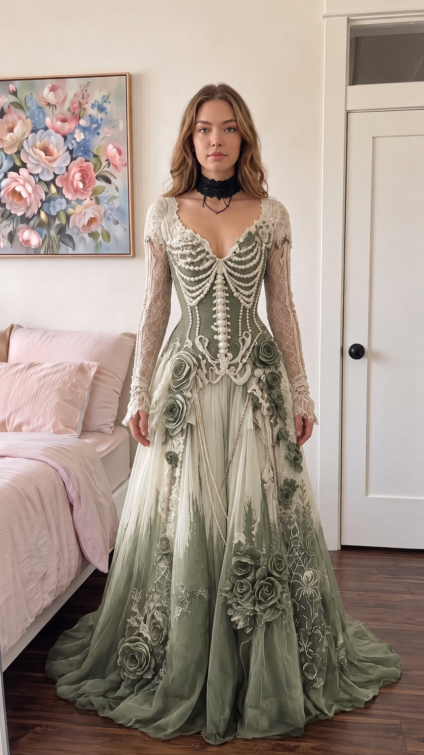 Front view of Victorian style ombre evening gown in sage green and cream with lace sleeves