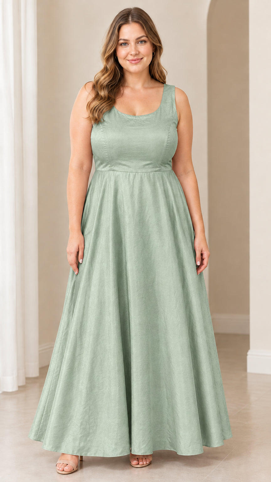 Front view of woman wearing sage green sleeveless scoop neck A-line maxi dress