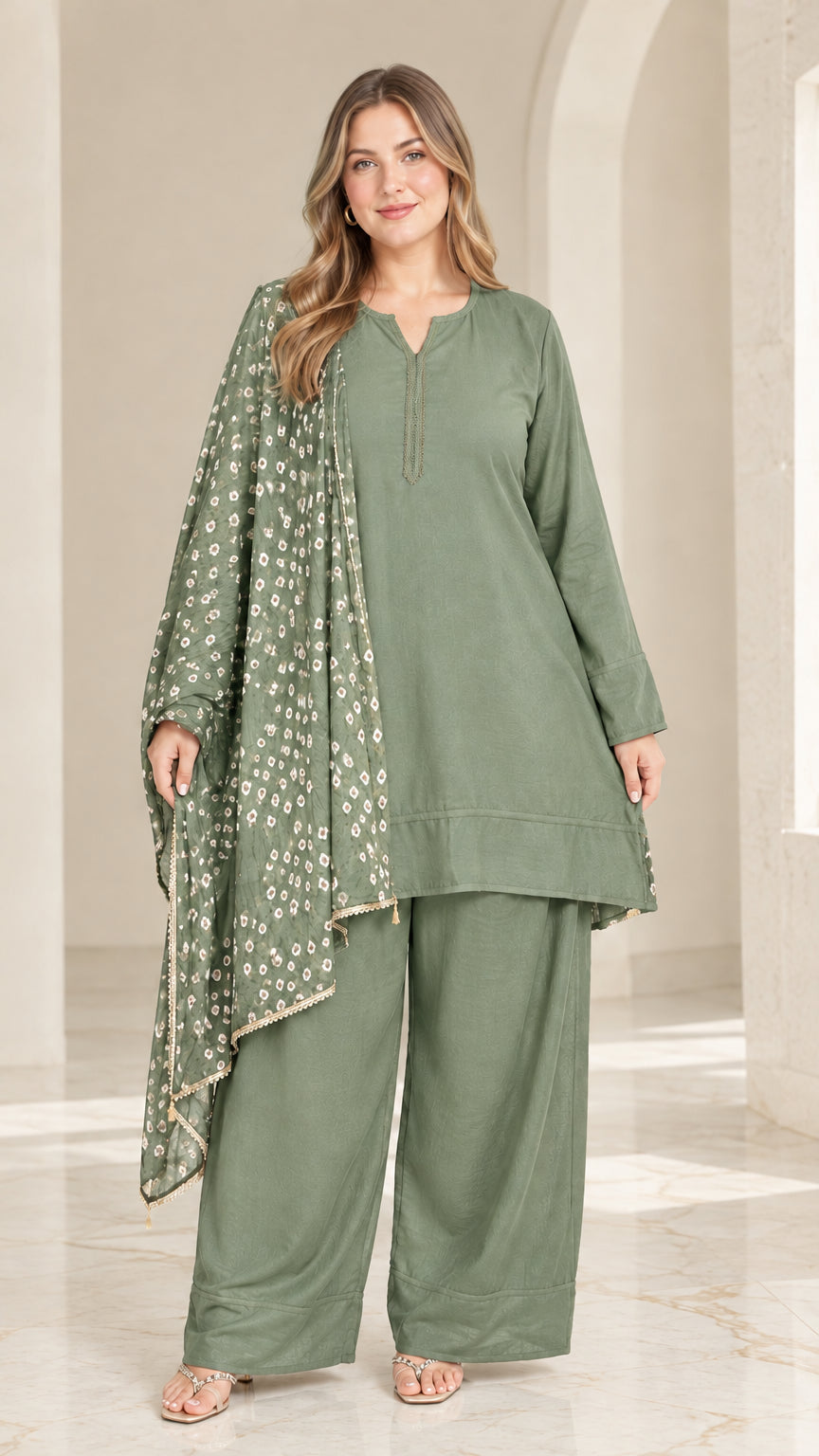 Front view of woman wearing sage green 3-piece tunic top, wide-leg pants, and printed scarf set