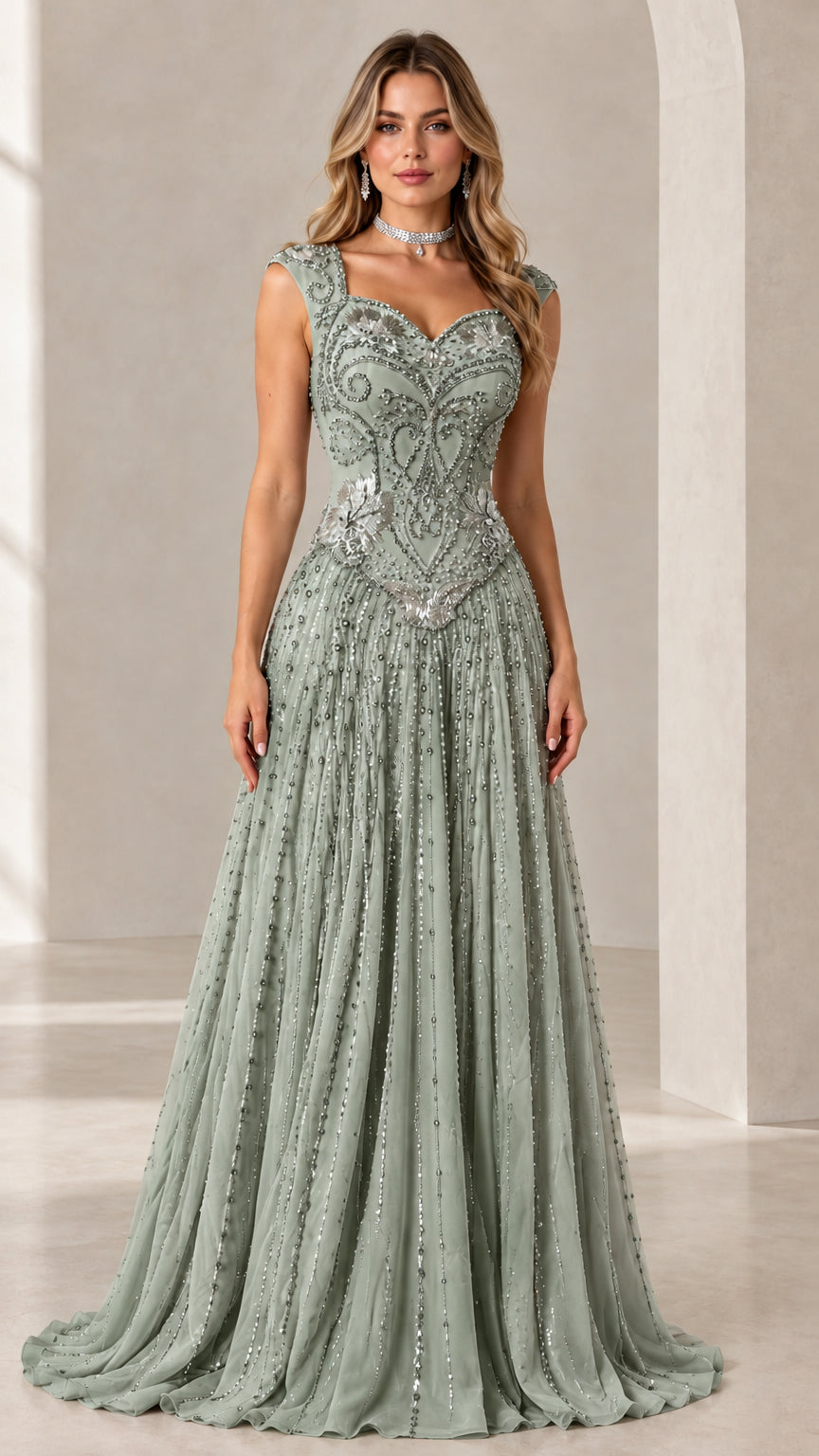 Front full-length view of Sage Green beaded basque waist evening gown