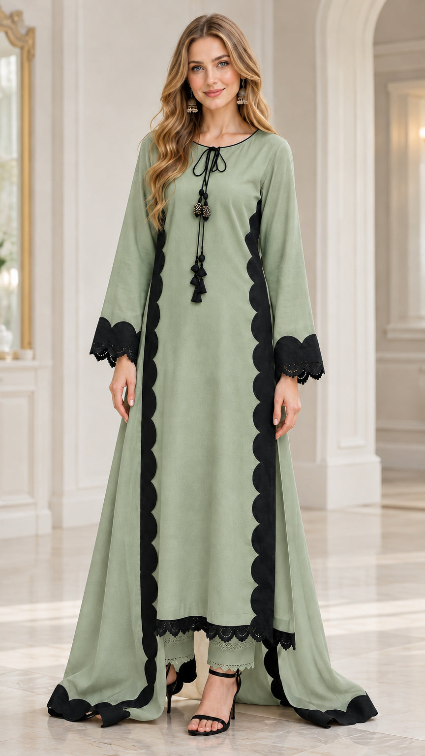 Front view of woman wearing sage green scallop border modest two-piece set