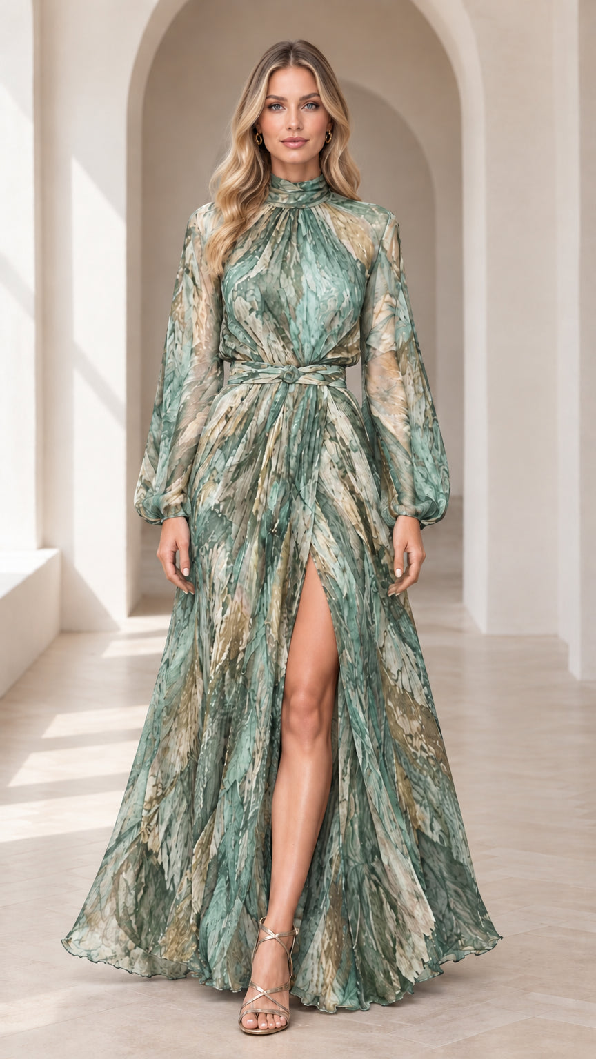 Front view of woman wearing sage green abstract print mock neck maxi dress