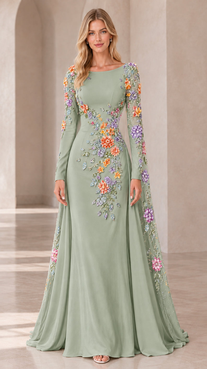 Full front view of sage green formal evening gown with 3D floral embroidered cape sleeve