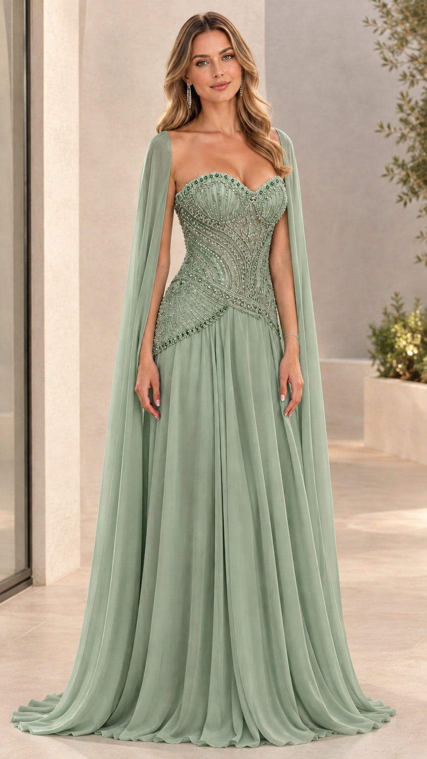 Full-length sage green beaded sweetheart corset gown with attached cape