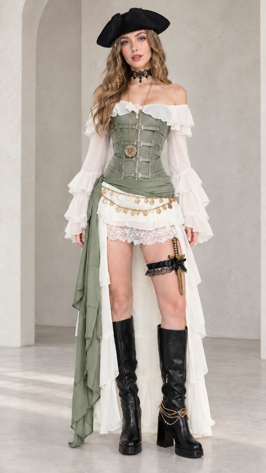 Full front view of sage green corset pirate costume set with draped olive sash and layered ruffles