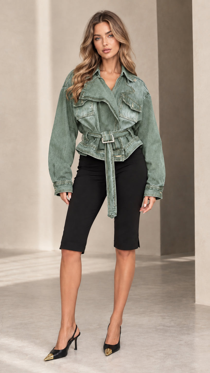 Model wearing a sage green belted utility denim jacket