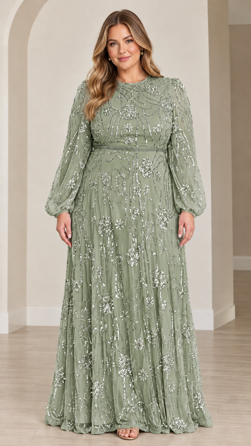 Sage green long sleeve sequin embellished evening gown front view