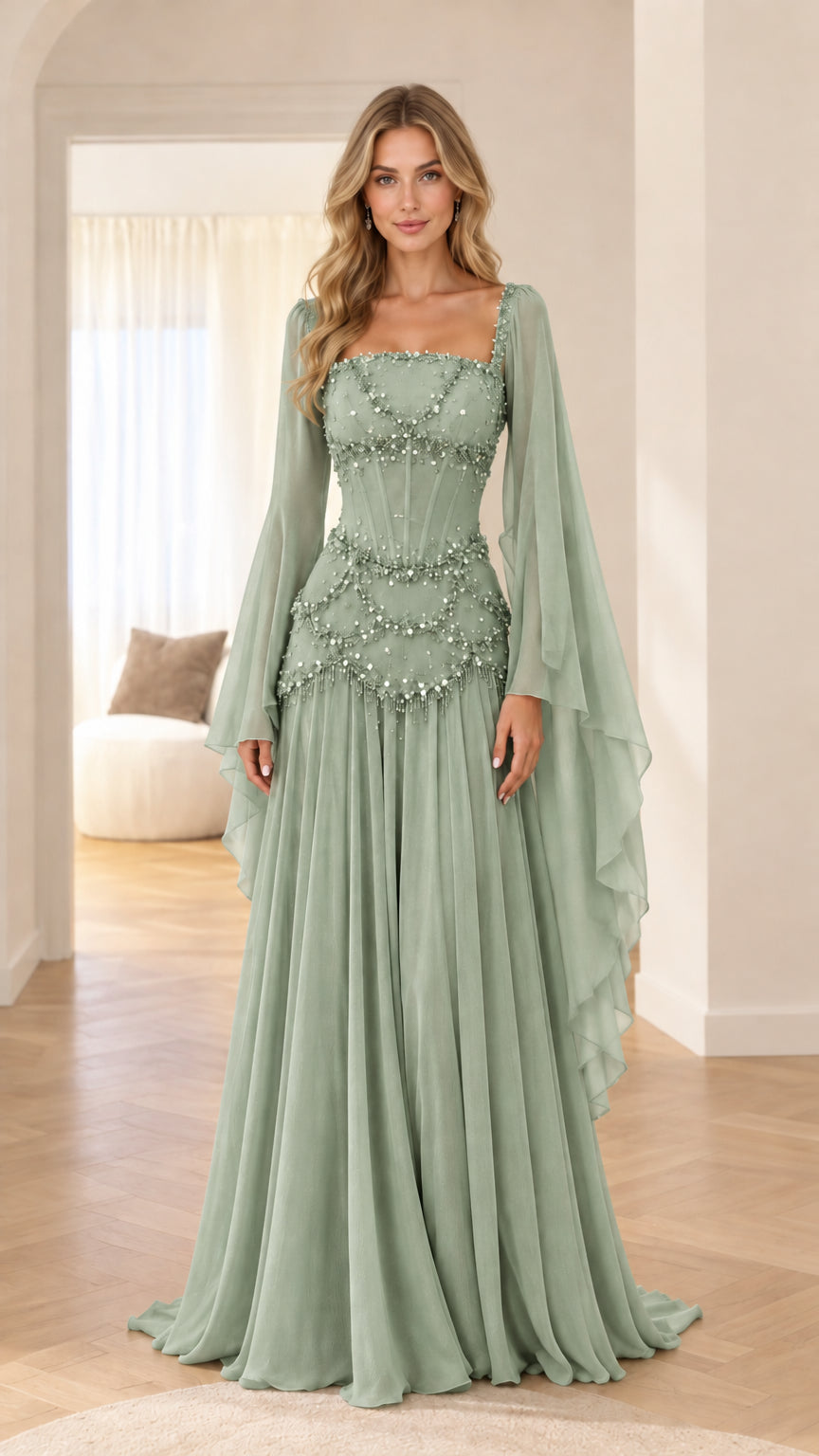 Front view of model wearing sage green embellished corset formal gown with sweeping sleeves