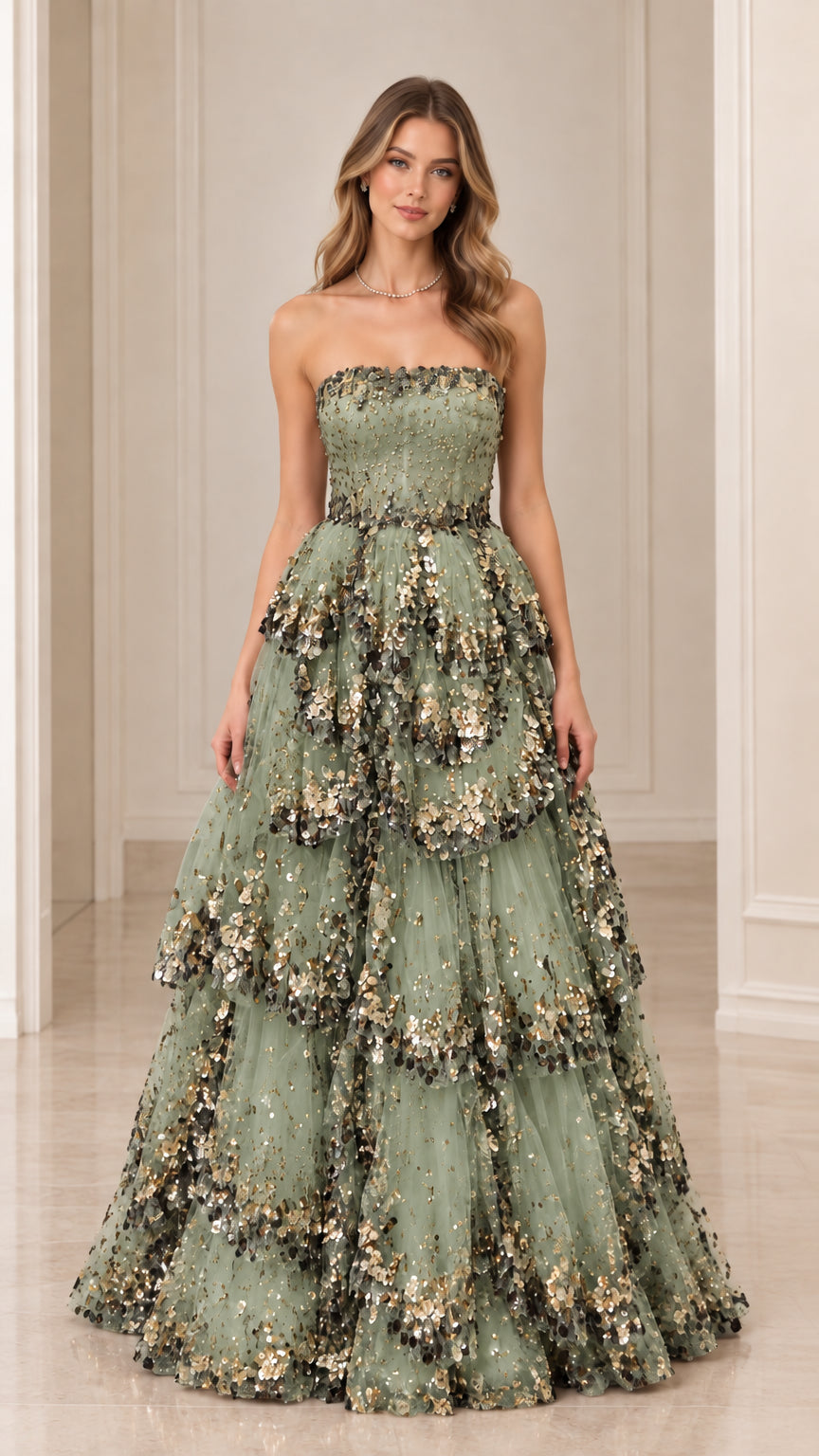 Front view of sage green strapless tiered sequin evening dress