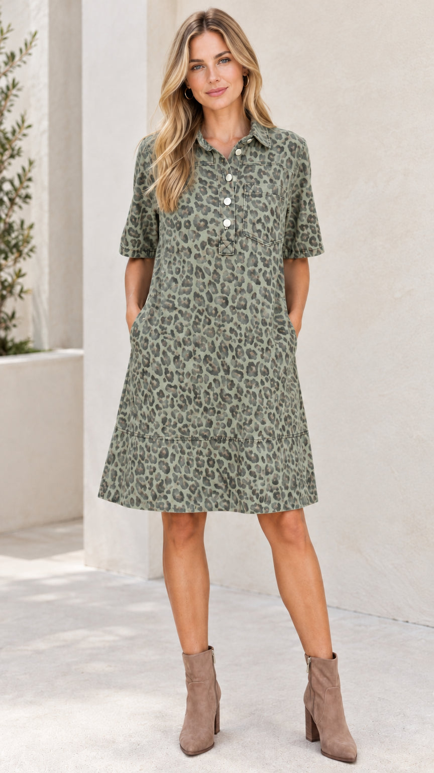 Model wearing sage green leopard print short sleeve shirt dress