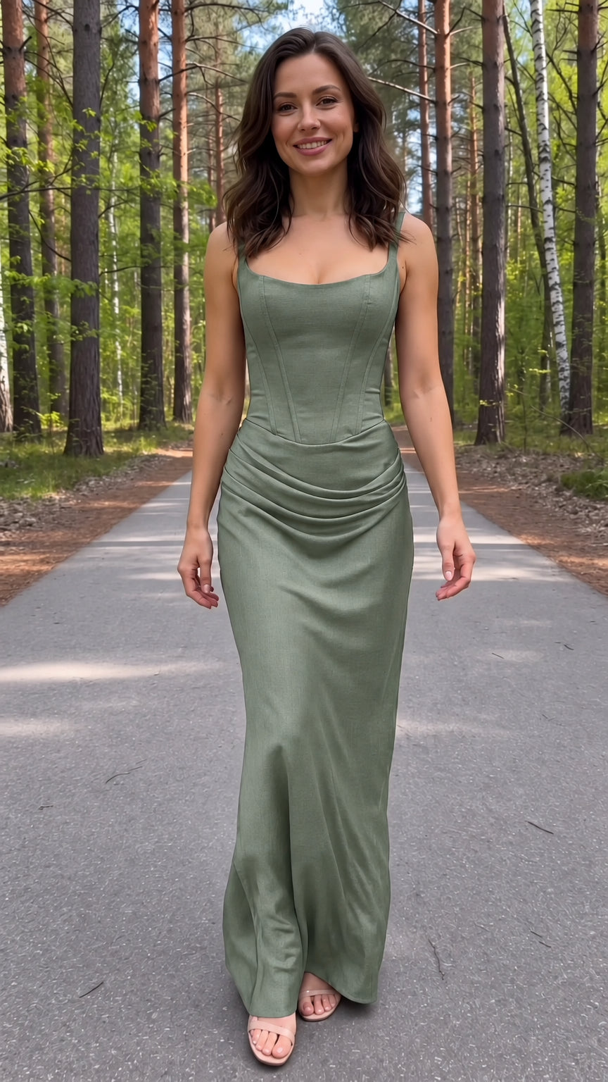 Front view of model wearing a sage green square-neck corset maxi dress