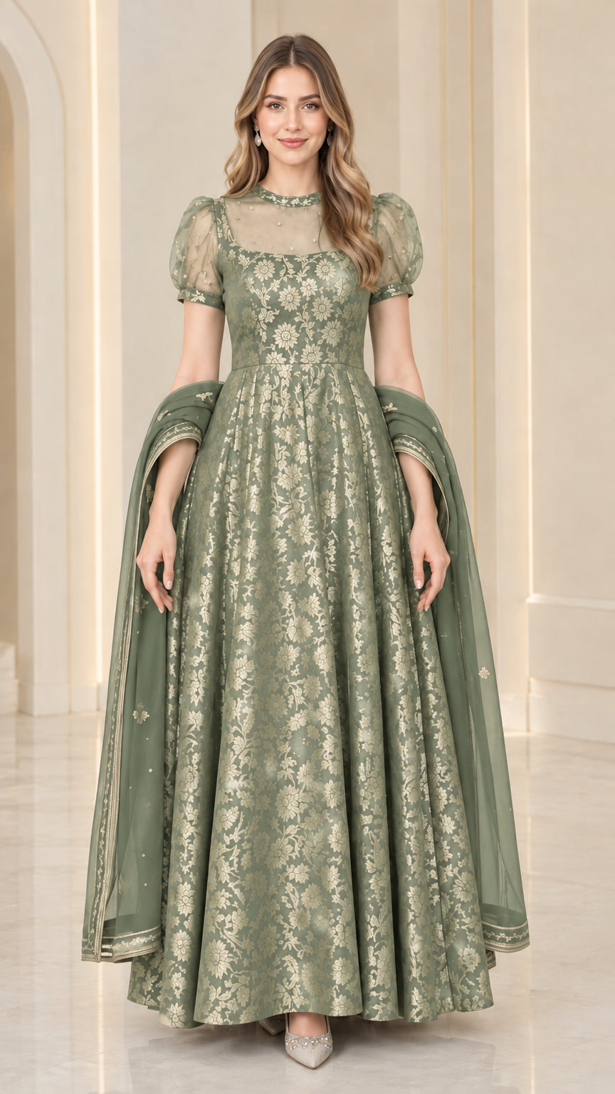 Sage green metallic brocade evening gown with sheer illusion neckline and shawl