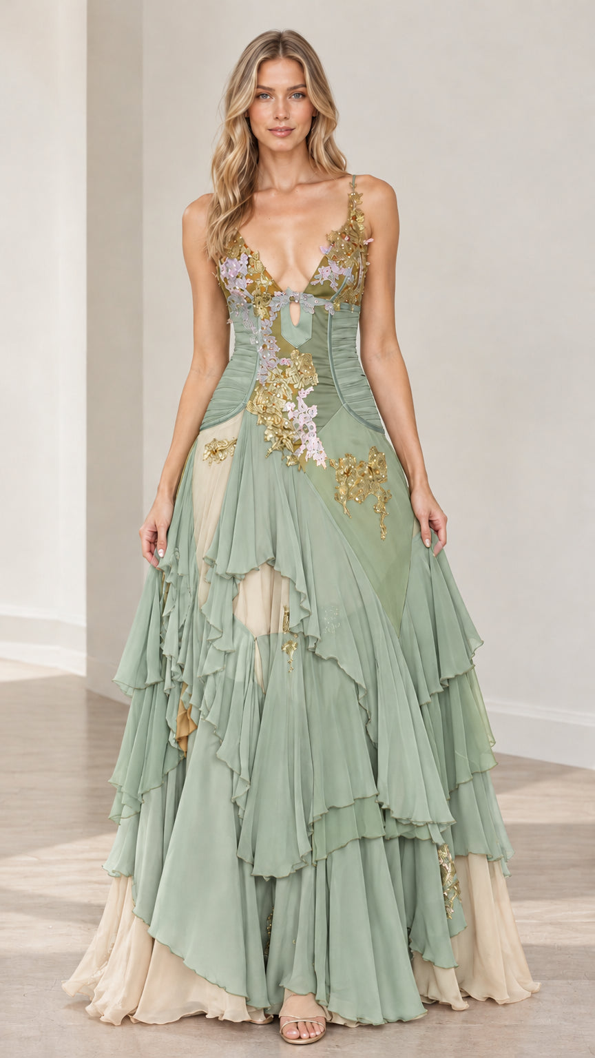 Front full-length view of model in sage green tiered ruffle formal evening gown with gold lace details