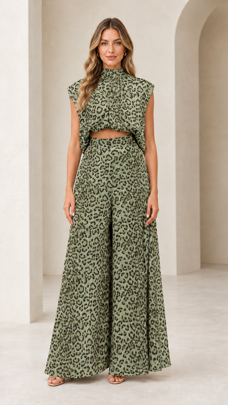Front view of woman wearing sage green leopard print mock neck top and wide-leg pants set