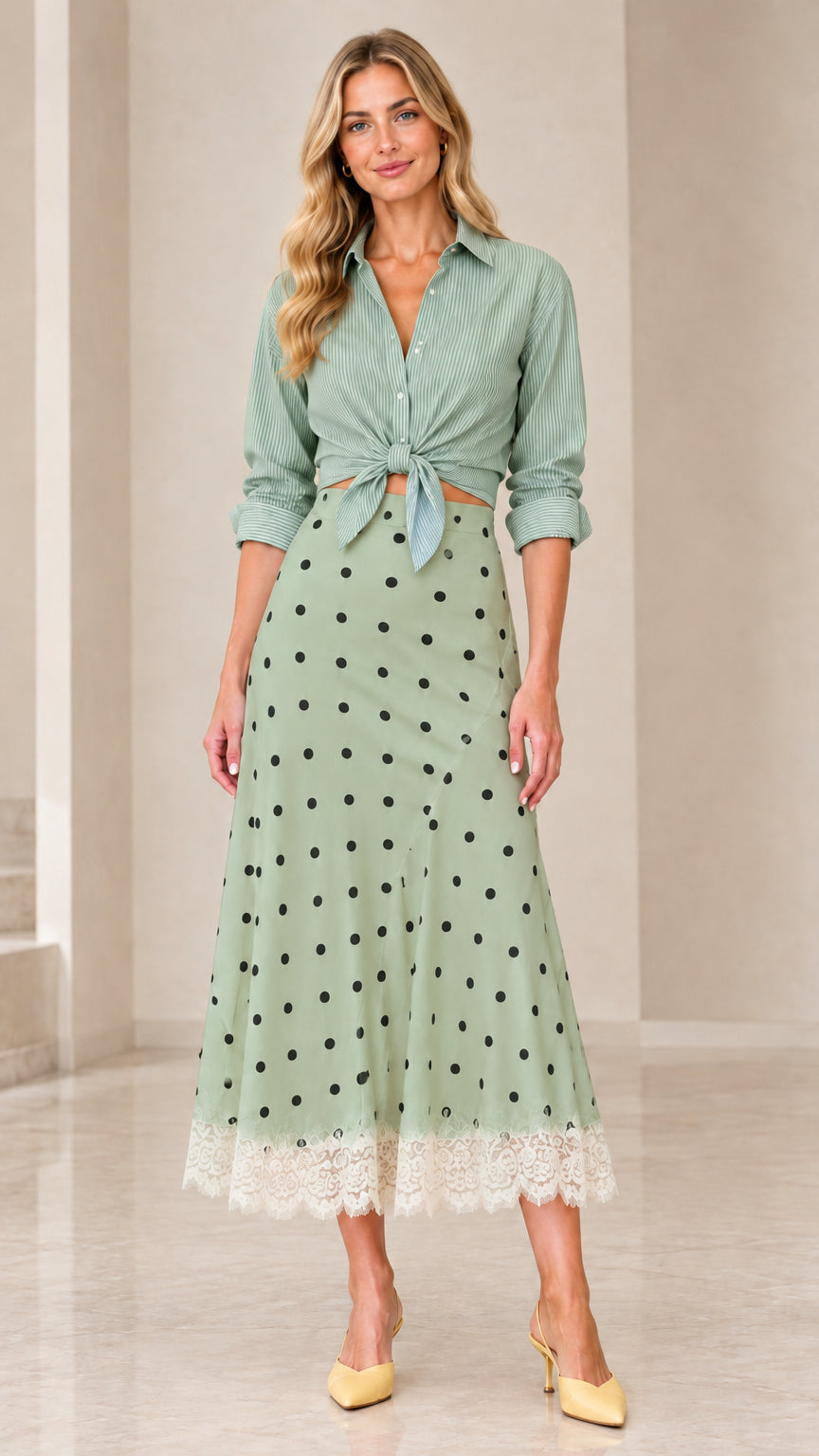 Sage green striped tie-front shirt and matching sage green polka dot midi skirt