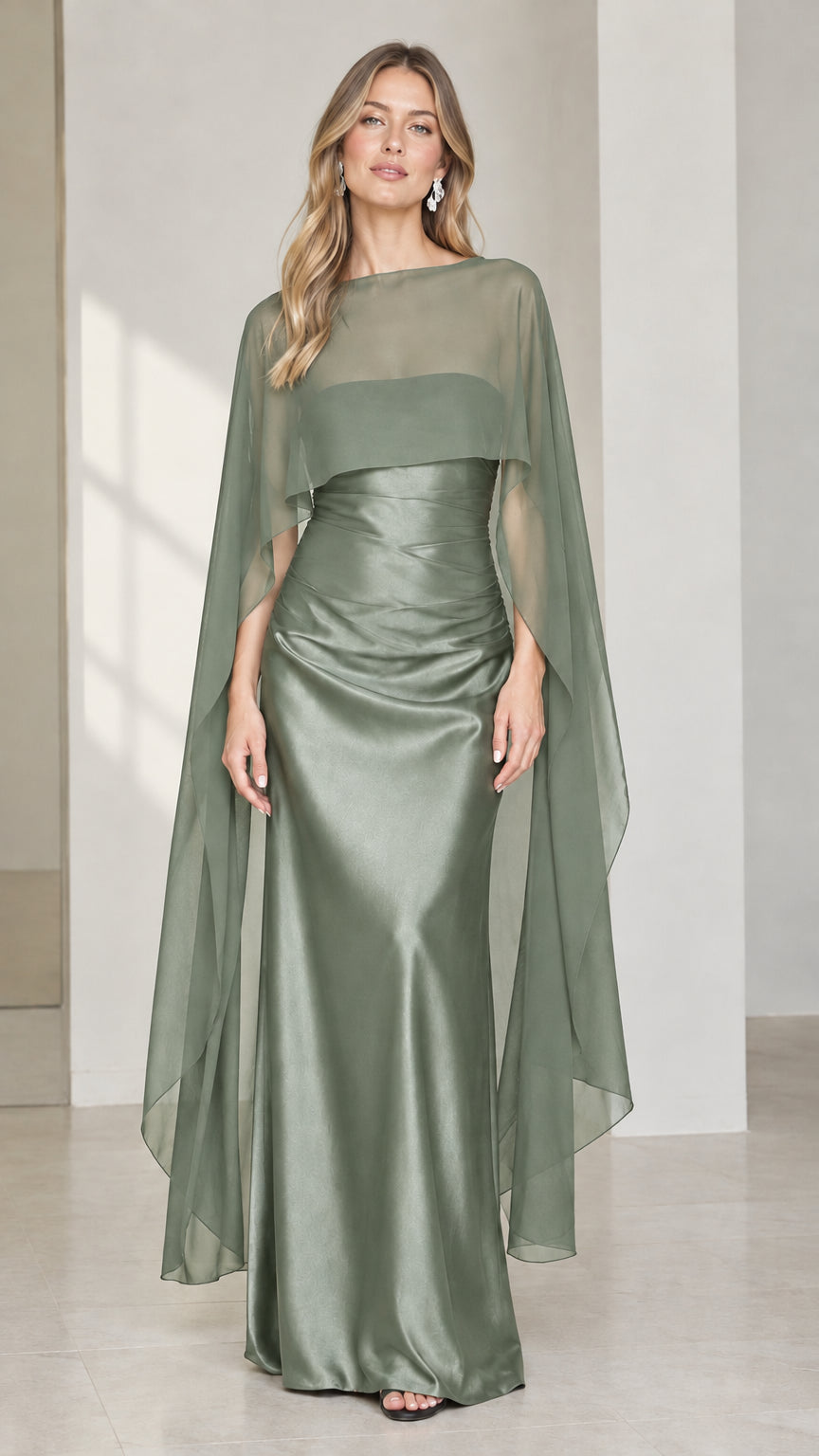 Full front view of sage green satin formal gown with sheer drape cape
