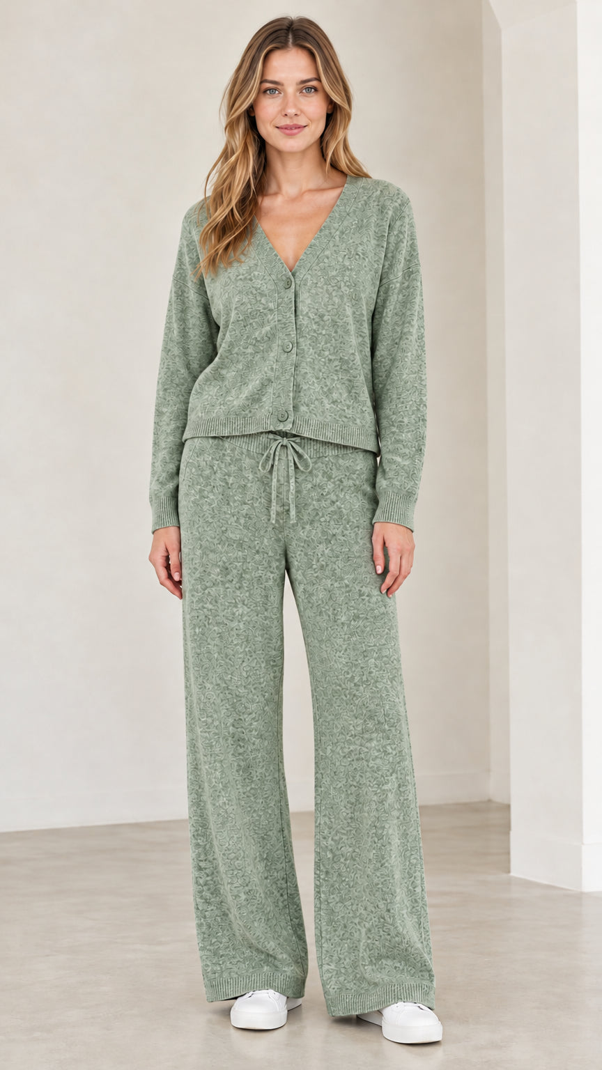 Front full view of woman wearing sage green knit cardigan and wide leg pants set