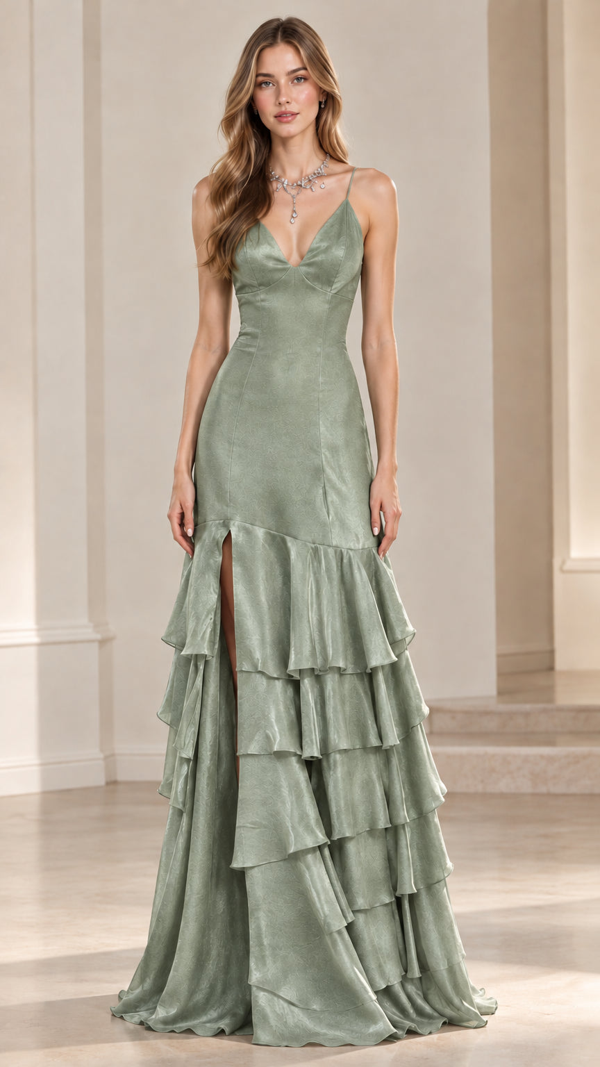 Front view of a woman wearing a sage green tiered ruffle evening dress with front slit