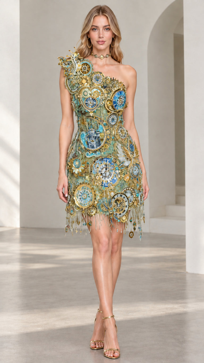 Front view of sage green and gold one-shoulder embellished fringe mini dress variant