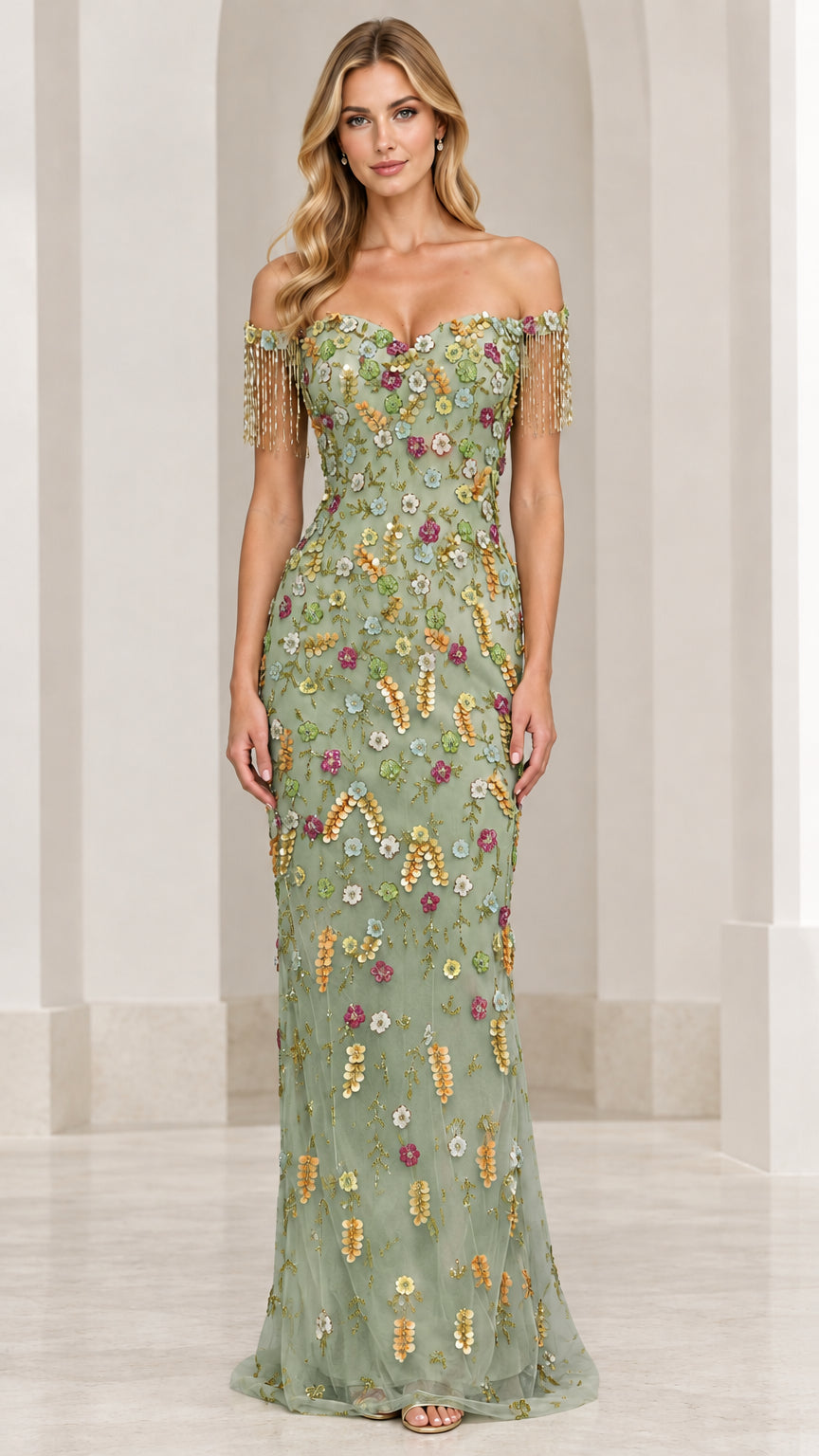 Model wearing sage green colorway of the off-the-shoulder sequin floral evening gown