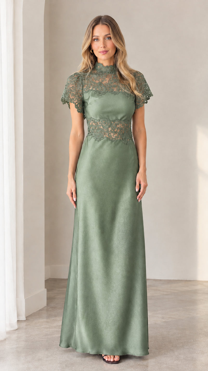 Sage green high neckline lace trim satin evening gown