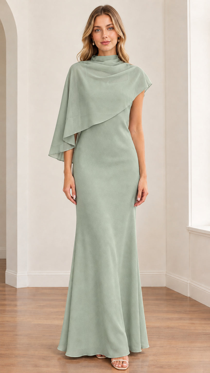 Front view of model wearing the sage green high-neck capelet evening gown