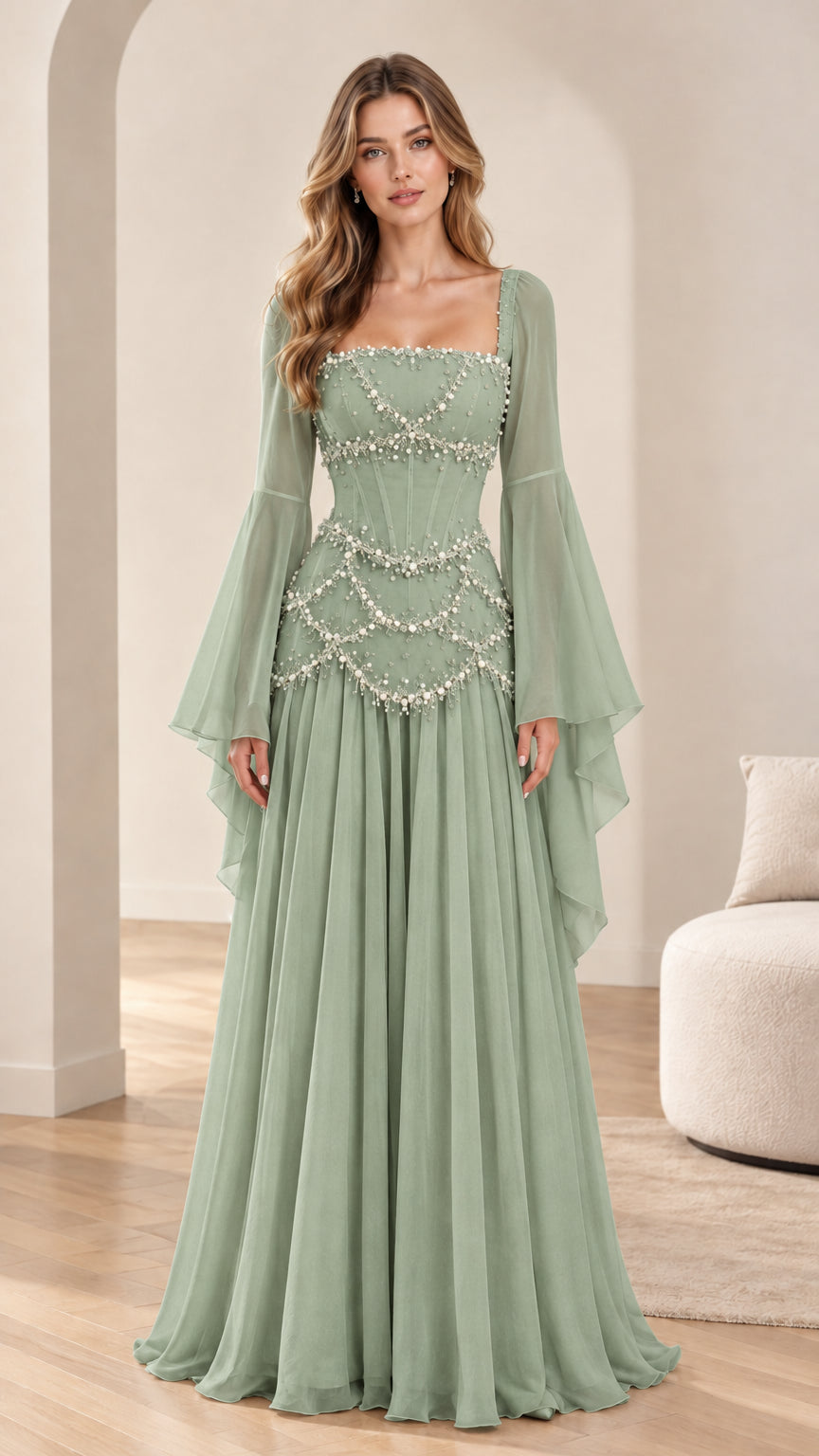 Model wearing sage green Renaissance evening gown with flared sleeves and pearl accents