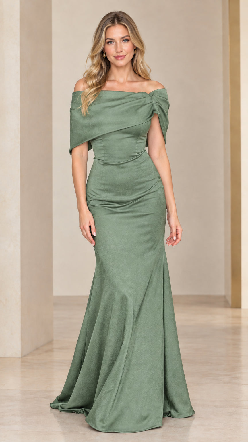 Full-length front view of the sage green off-the-shoulder mermaid evening dress