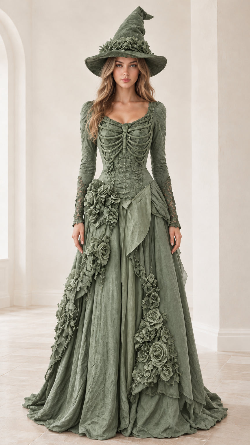 Front view of sage green gothic corset ball gown with lace sleeves and matching hat