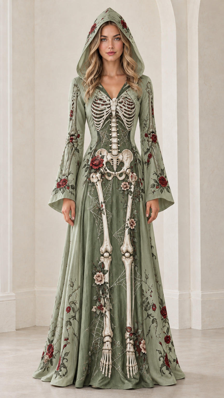 Front view of sage green gothic skeleton and floral print hooded maxi dress