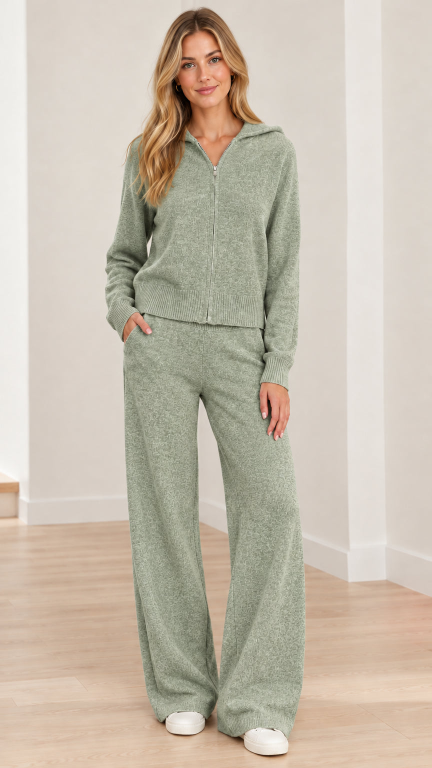 Full front view of model wearing Sage Green knit zip-up hoodie and wide-leg pants set