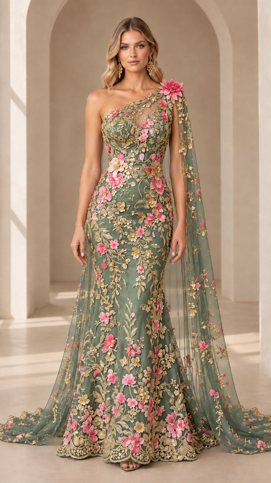 Full-length front view of sage green one-shoulder evening dress with botanical floral embroidery and cape
