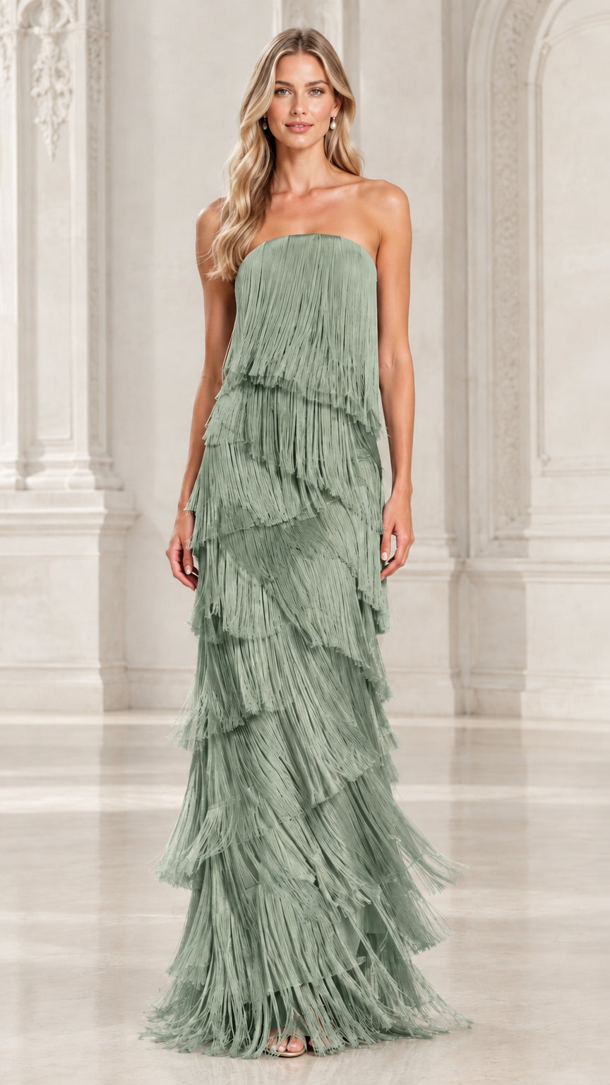 Front view of model wearing sage green strapless tiered fringe maxi evening gown