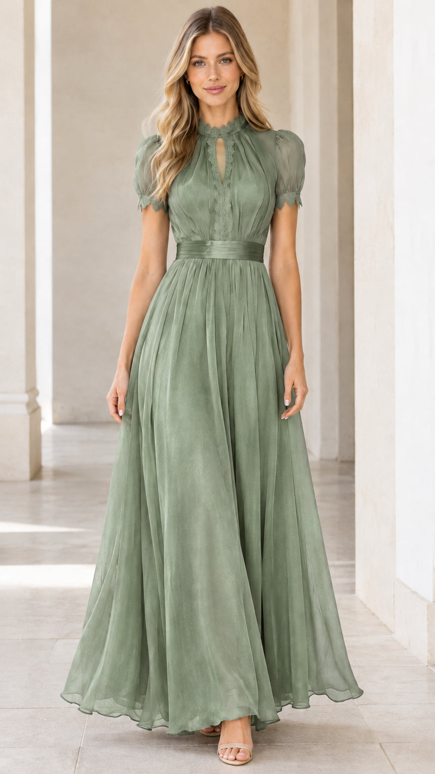 Sage green chiffon maxi dress with short flutter sleeves and high keyhole neck