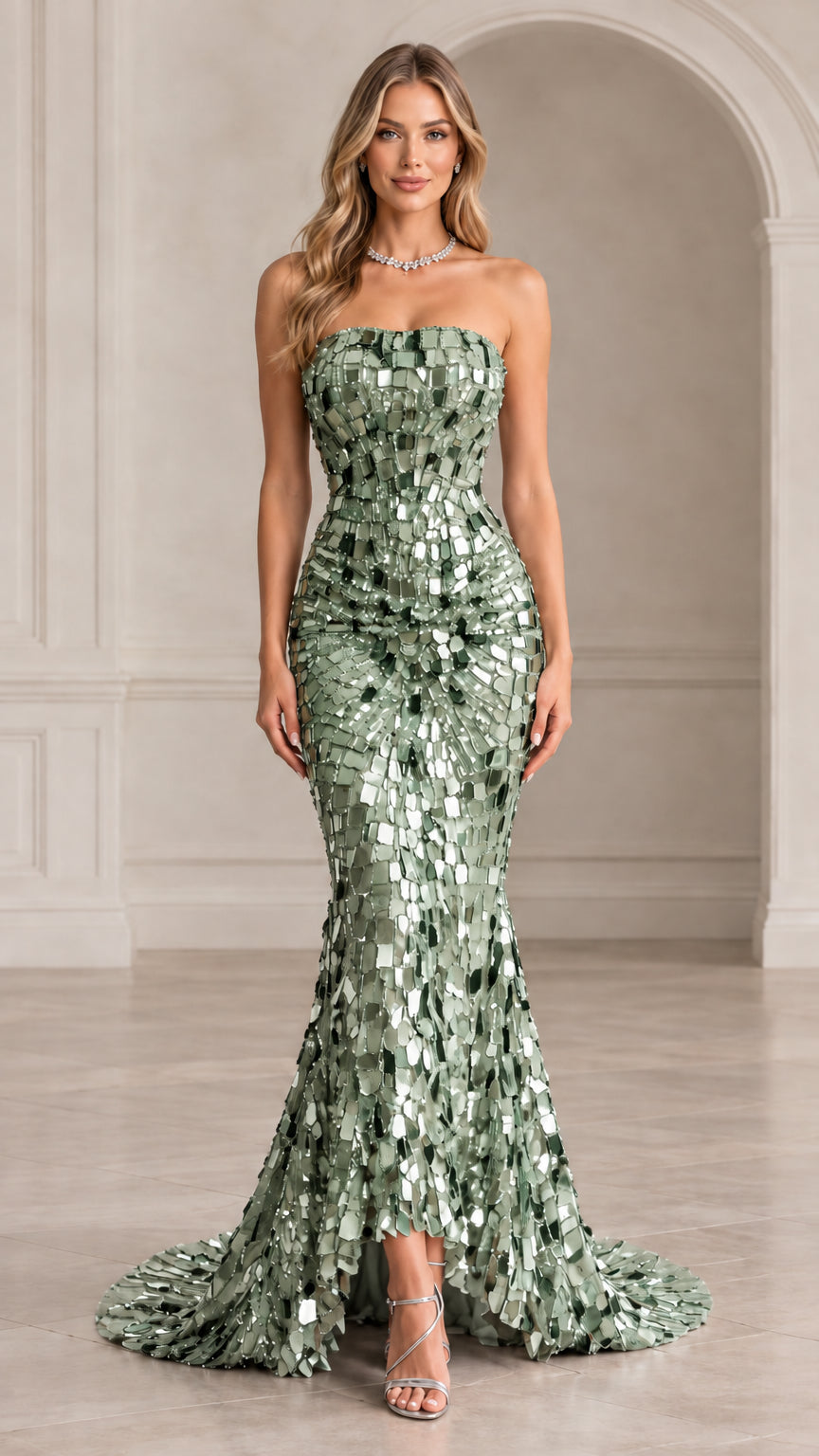 Woman wearing sage green strapless mirrored sequin mermaid evening gown