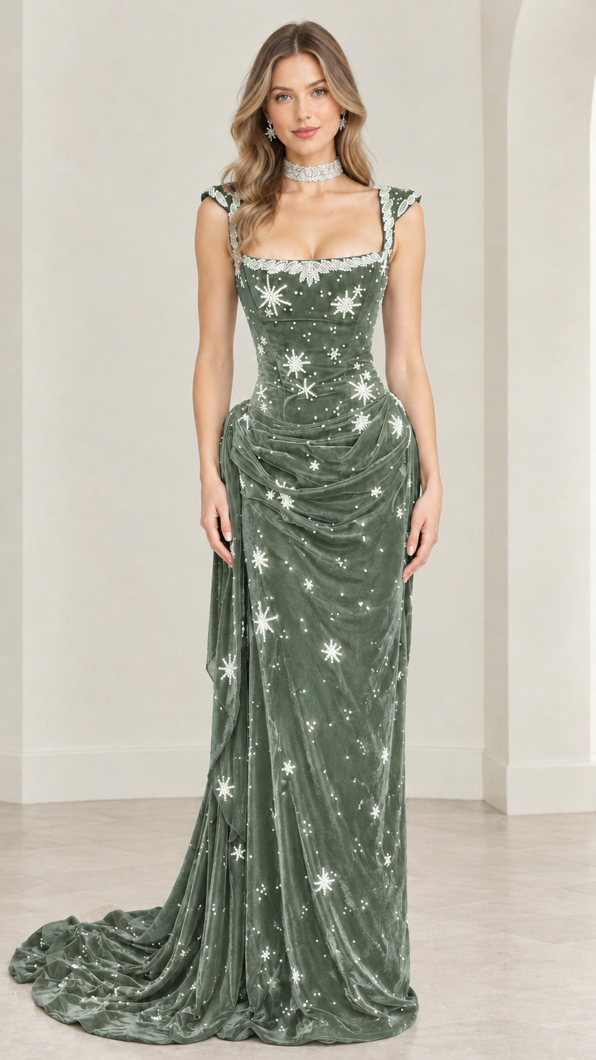 Full-length front view of celestial star velvet evening gown in sage green