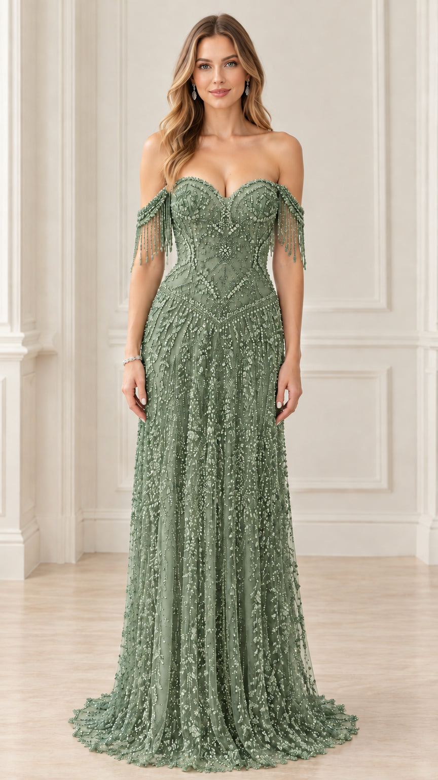Full-length front view of sage green beaded sweetheart corset maxi gown