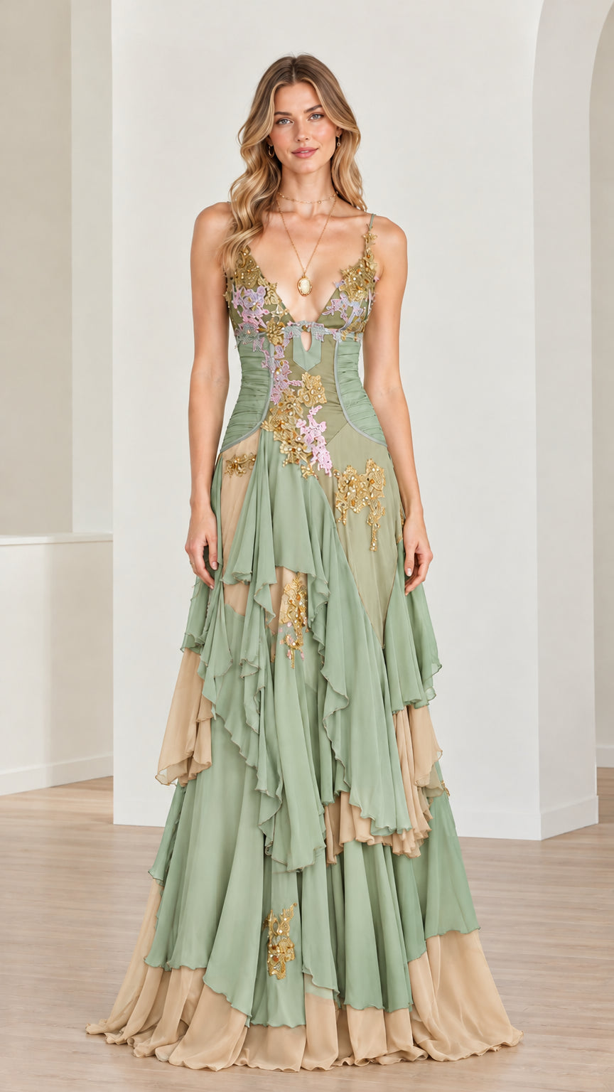 Front view of sage green and beige embroidered tiered ruffle evening gown