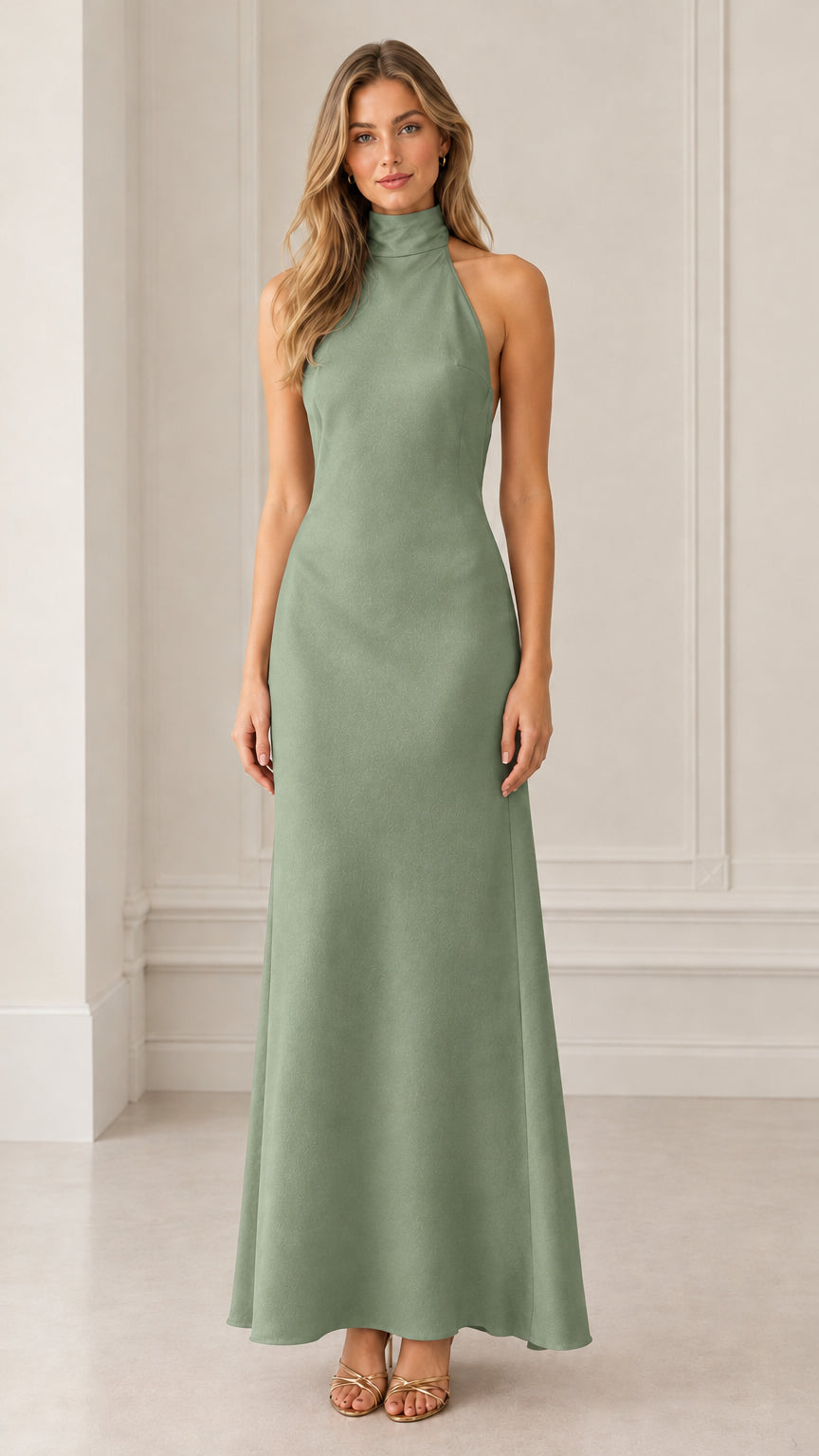 Front view of model wearing sage green halter neck backless maxi dress